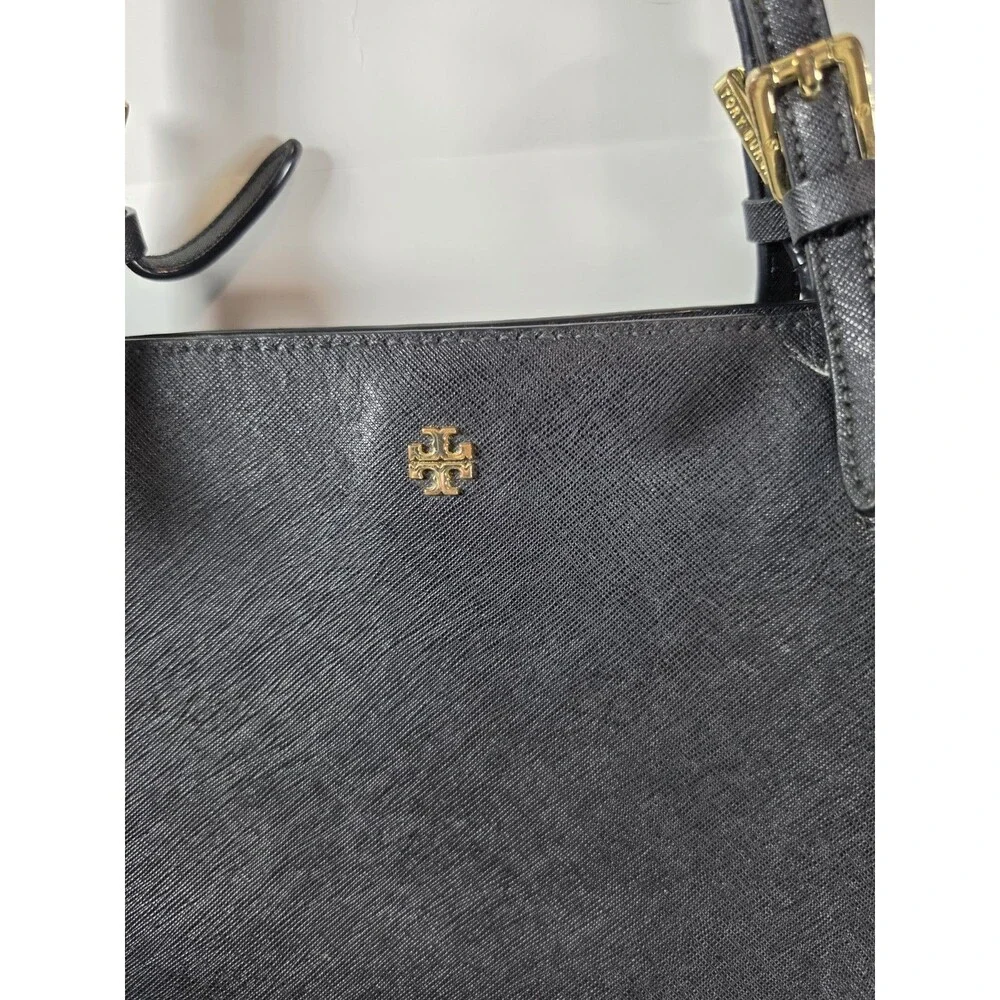 TORY BURCH Emerson/York Buckle Tote Saffiano Leather Designer Shoulder Bag BLACK